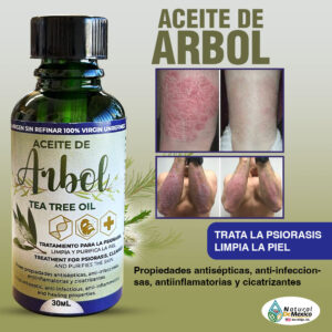 Aceite de Árbol de Té. Se usa habitualmente para tratar el acné, el pié de atleta, los piojos, los hongos, en uñas y las picaduras de insectos. Tratamiento para la Psoriasis.