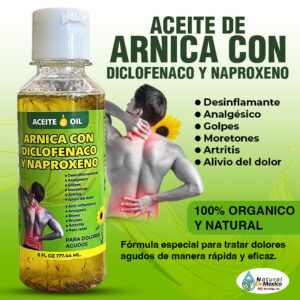 Aceite de Arnica con Diclofenaco y Naproxeno - Oil. Para aliviar dolores musculares e inflamaciones y curar heridas; cuando se aplica sobre la piel puede mejorar la sanación al reducir la hinchazón y el dolor y acelerar la reabsorción de la sangre.