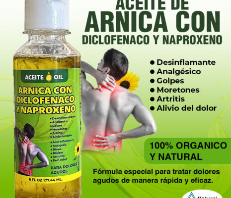 Aceite de Arnica con Diclofenaco y Naproxeno - Oil. Para aliviar dolores musculares e inflamaciones y curar heridas; cuando se aplica sobre la piel puede mejorar la sanación al reducir la hinchazón y el dolor y acelerar la reabsorción de la sangre.