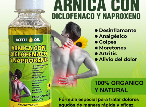 Aceite de Arnica con Diclofenaco y Naproxeno - Oil. Para aliviar dolores musculares e inflamaciones y curar heridas; cuando se aplica sobre la piel puede mejorar la sanación al reducir la hinchazón y el dolor y acelerar la reabsorción de la sangre.