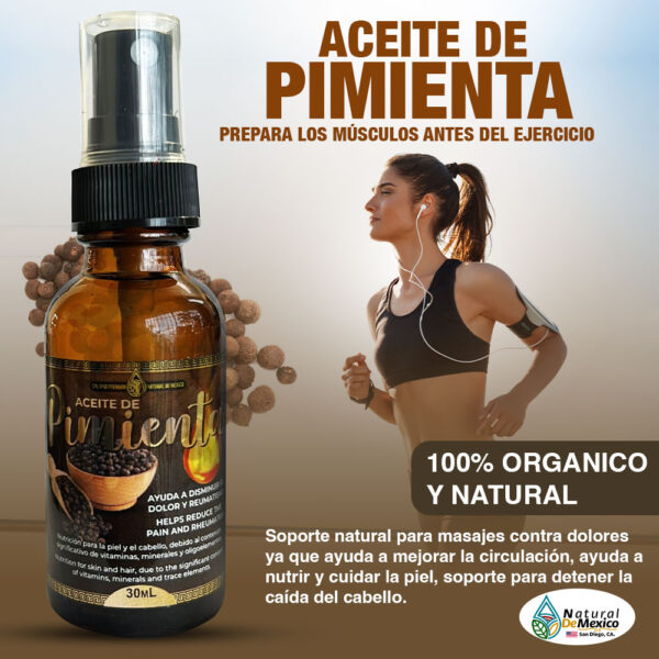 Aceite de Pimienta Ayuda a disminuir el dolor y reumatismo. Nutrición para la piel y el cabello, debido al contenido de vitaminas y minerales que contiene nuestro aceite.