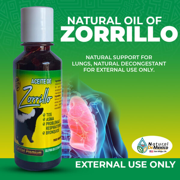 Aceite de Zorrillo - Aceite para el dolor. Para todo tipo de alergias y enfermedades del sistema respiratorio cómo: tos seca, tos con flema, bronquitis, alergia asmática, sinusitis, asma bronquial y resfriado común.