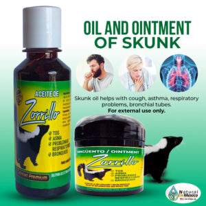 Aceite de Zorrillo - Aceite para el dolor. Para todo tipo de alergias y enfermedades del sistema respiratorio cómo: tos seca, tos con flema, bronquitis, alergia asmática, sinusitis, asma bronquial y resfriado común.