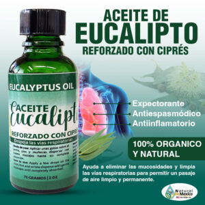 Eucalipto Aceite Virgen - Reforzado con Ciprés. Este producto ayuda a eliminar las mucosidades y limpia las vías respiratorias para permitir un pasaje de aire limpio y permanente. Acción efectiva en el tratamiento de los síntomas del resfriado.