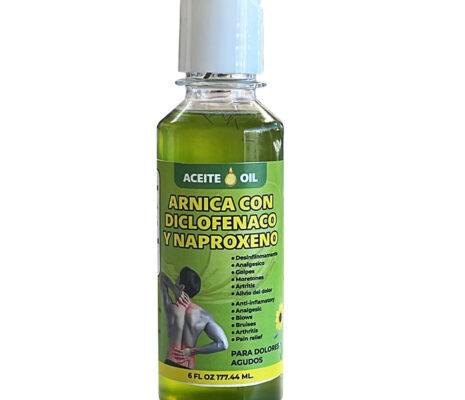 Aceite de Arnica con Diclofenaco y Naproxeno - Oil. Para aliviar dolores musculares e inflamaciones y curar heridas; cuando se aplica sobre la piel puede mejorar la sanación al reducir la hinchazón y el dolor y acelerar la reabsorción de la sangre.