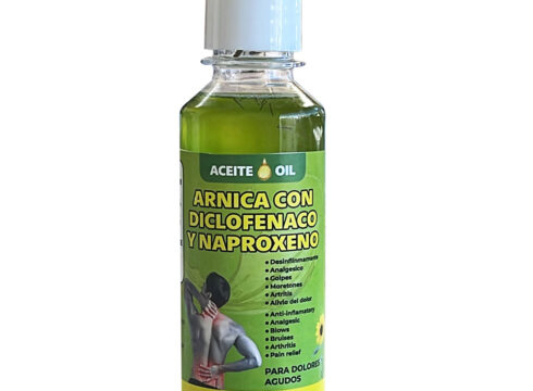 Aceite de Arnica con Diclofenaco y Naproxeno - Oil. Para aliviar dolores musculares e inflamaciones y curar heridas; cuando se aplica sobre la piel puede mejorar la sanación al reducir la hinchazón y el dolor y acelerar la reabsorción de la sangre.