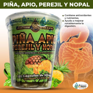 Piña, Apio, Perejil y Nopal Puede ayudar a mejorar la digestion, regula el transito intestinal, ayuda a producir colageno, una proteína que ayyuda a mantener la salud ósea.